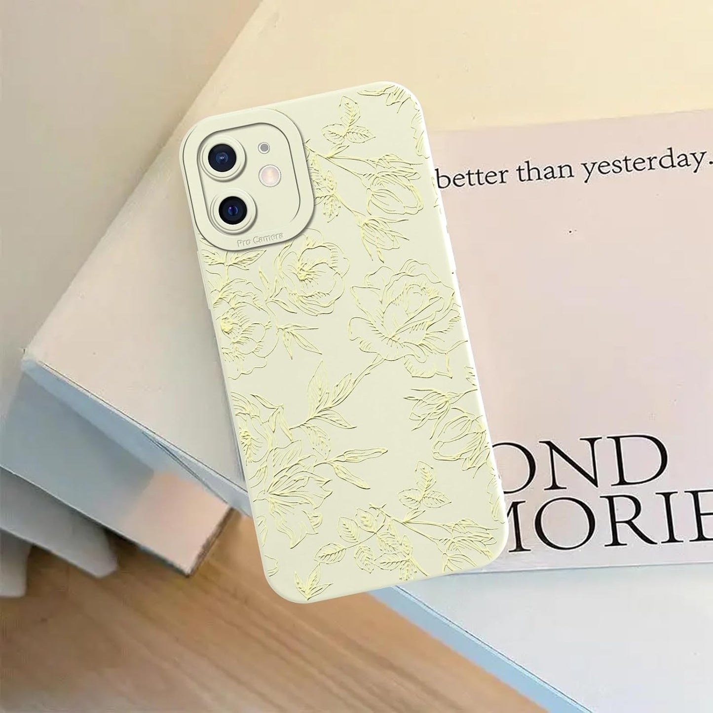 Aoldimu 12 6.1",Aesthetic 12,Beige Cute Flower Phone Case for iPhone Yellow Lines Floral Cases Girly Art Stylish Design