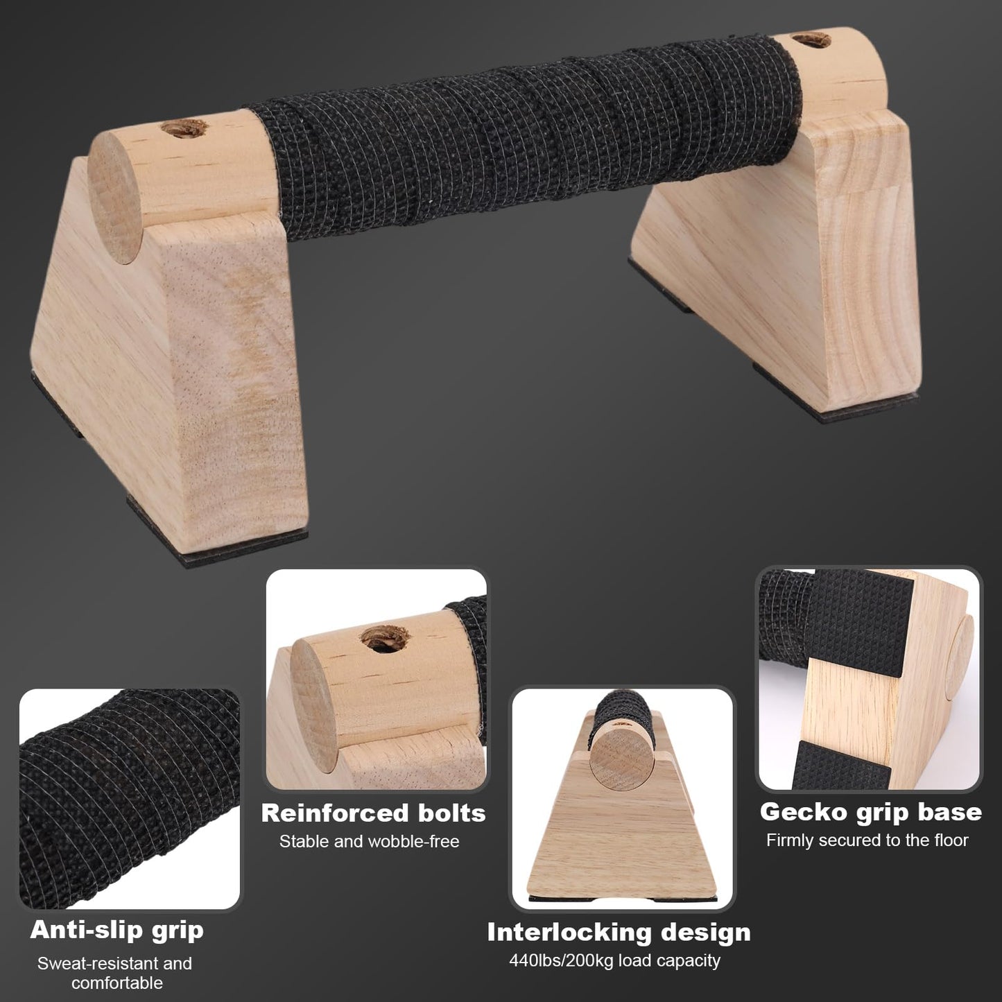 Parallettes Bars Set, 2pcs Wooden Push Up Handles Bars for Floor with Anti-Slip Base 1 Spacer & 1 Grip Tape Wood Home Gym Equipment for Handstand Training Calisthenics & Pushup Strength Workout