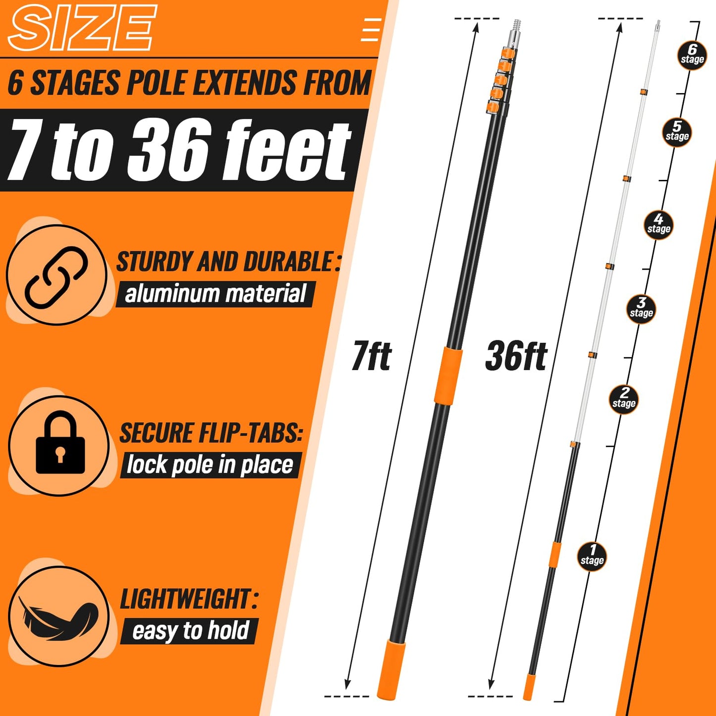 Leriton 7-36 ft Telescopic Extension Pole with Utility Hook, Multi-Purpose Aluminum Pole for Painting, Dusting and New Year Window Cleaning Christmas Lights Installation Without a Ladder (Orange)