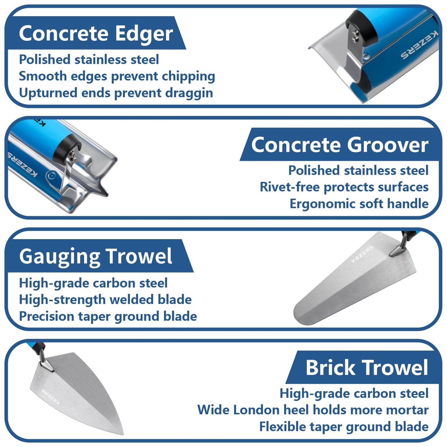 KEZERS 8-in-1 Concrete Finishing Tools Kit: Magnesium Float, Finishing & Pool Trowel, Gauging & Brick Trowel, Concrete Groover & Edger for Masonry, Stucco Repair & Bricklaying