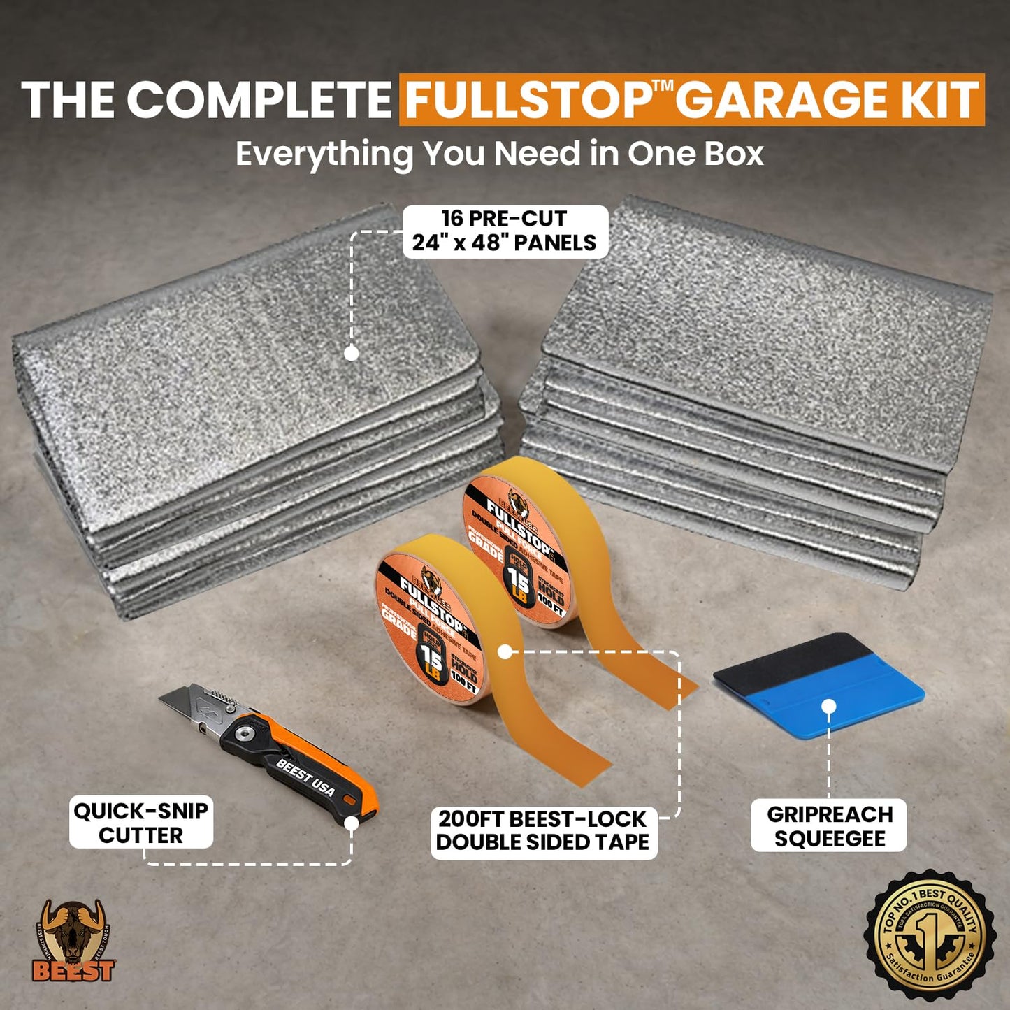BEEST FULLSTOP Garage Door Insulation Kit - 16x7 & 16x8ft Double Garage Door Insulation Panels - 16 Pre-Cut 24x48 Foam-Core Panels w/ Tape, Cutter & Squeegee - Easy DIY For Instant Temperature Control