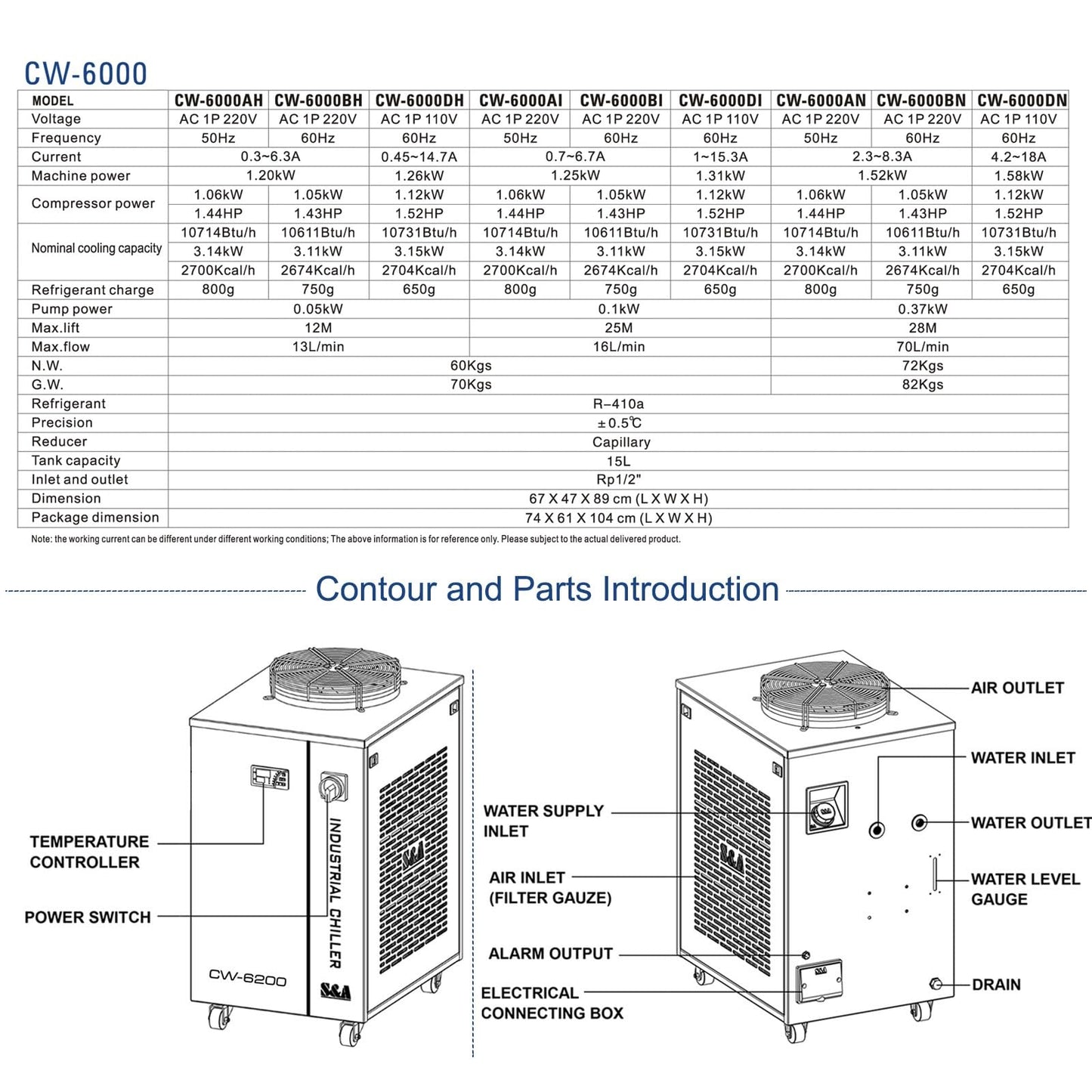 S&A Genuine CW-6000DI Industrial Water Chiller with 10731Btu/h Cooling Capacity 15L Water Tank Laser Water Cooler Chiller 110V