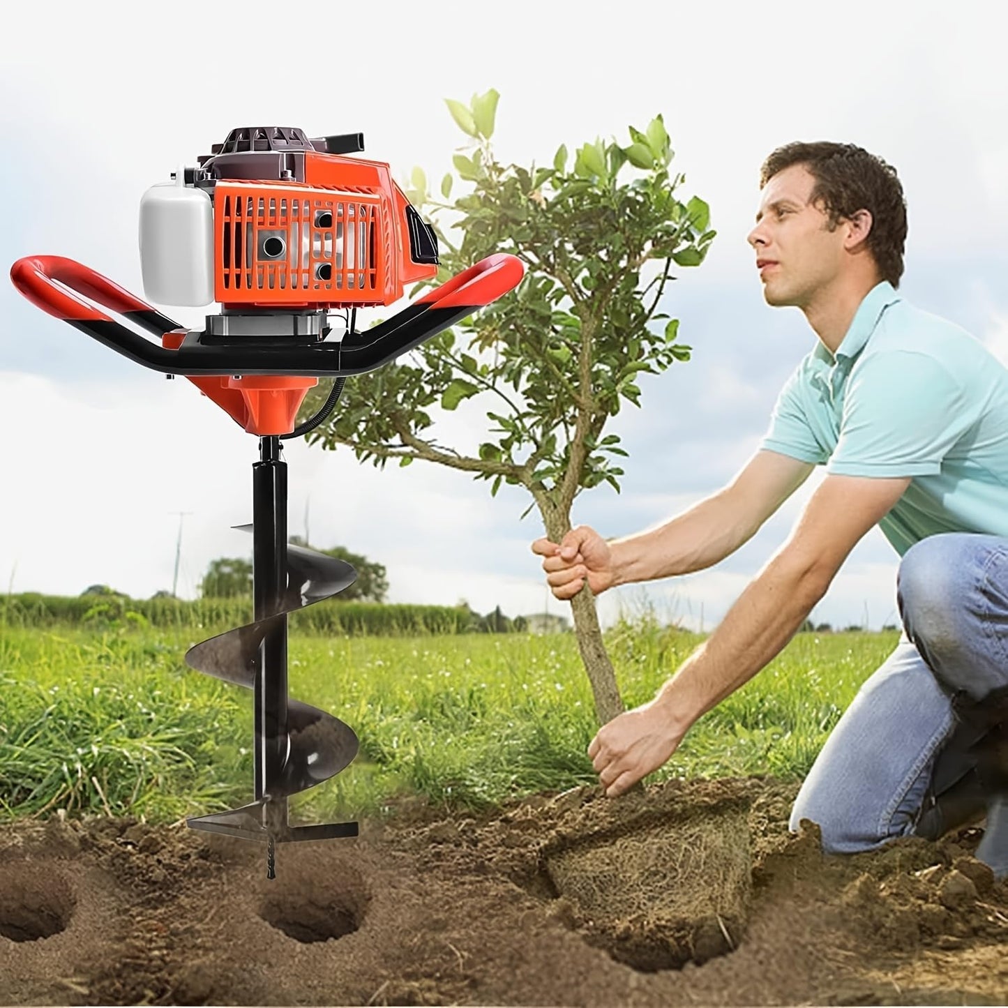 85cc Gas Powered Post Hole Digger, Gas Earth Auger/Ice Auger, with 4"/8"/12" Bits + Two 30-inch Extension Poles, 2-Stroke Gasoline Post Digger for Fence Garden Farm Plant