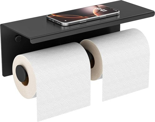 FORIOUS Double Toilet Paper Holder - Wall-Mounted Tissue Roll Dispenser with Shelf | 304 Stainless Steel, Matte Black
