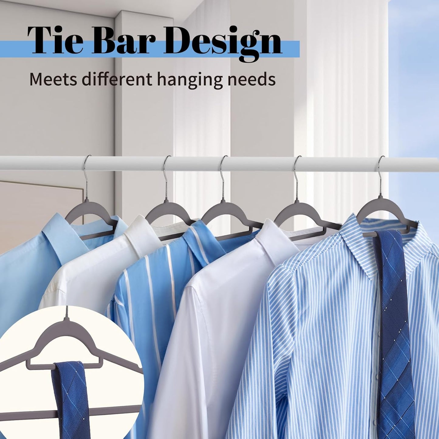 Smartor Velvet Hangers - Space-Saving Non-Slip Clothes Hangers with Tie Bar | 20-Pack in Grey