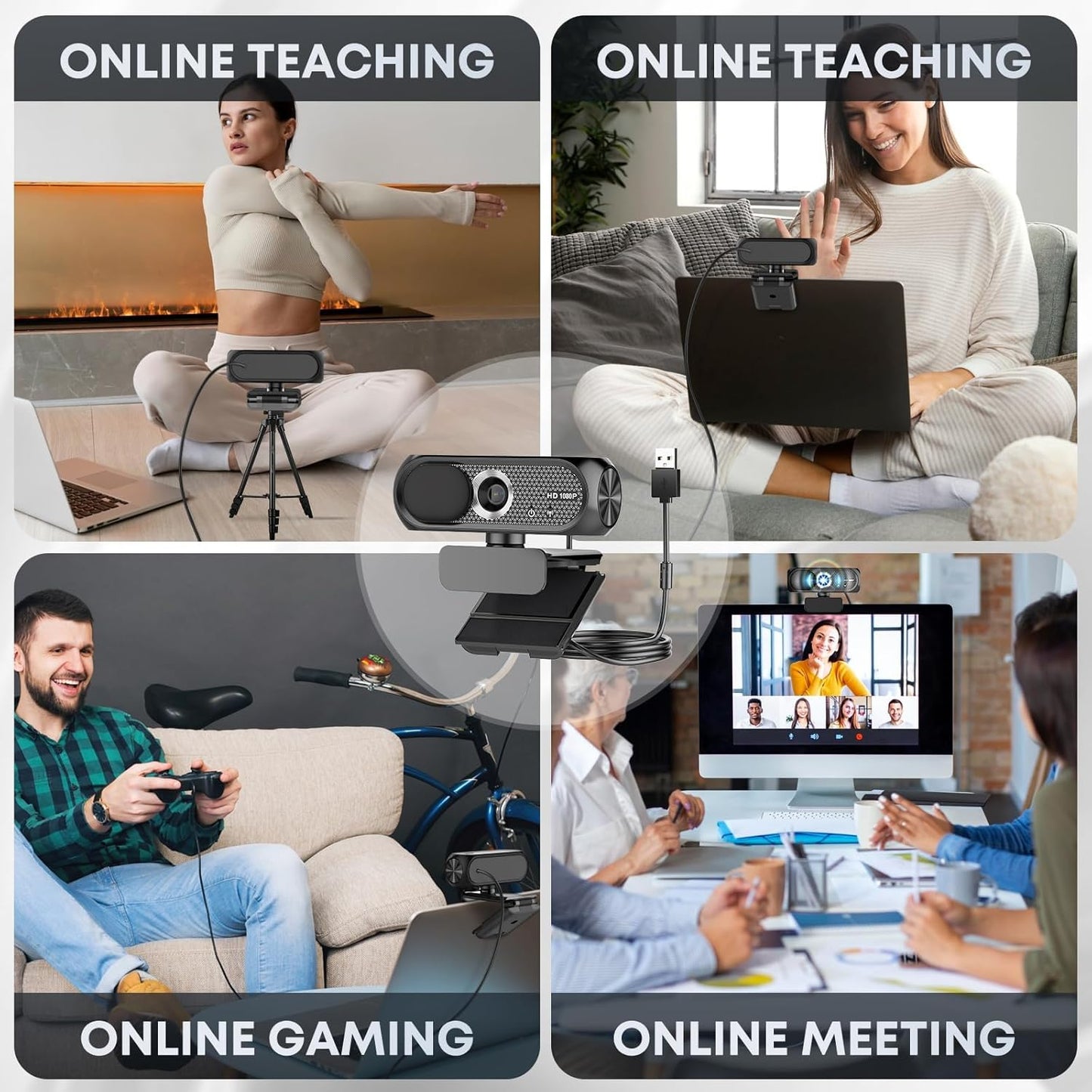 Shcngqio 2K Webcam with Microphone, Privacy Cover, Wide-Angle Lens, Auto Light Correction, Plug & Play USB Webcam