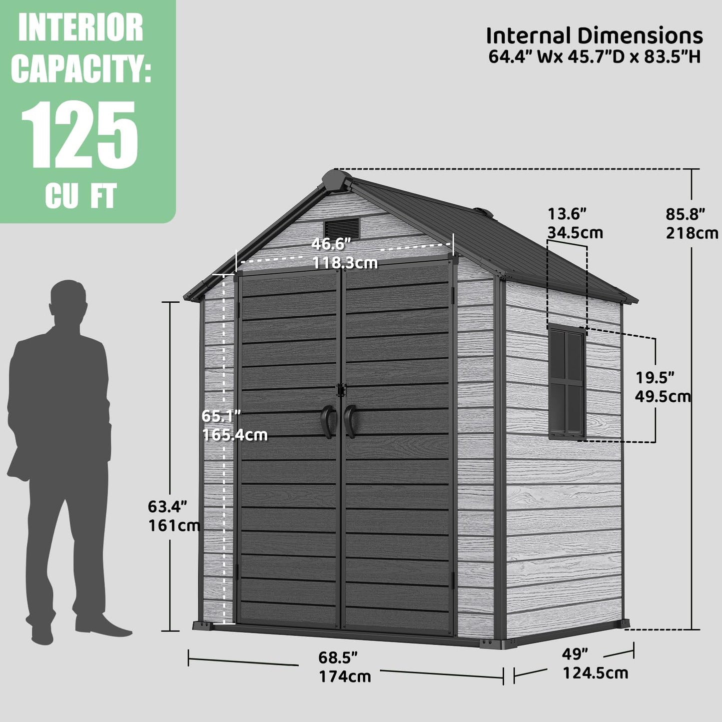 EHHLY 6x4.4 FT Outdoor Storage Shed with Floor, Durable 16mm Resin Shed for Backyard & Patio, Waterproof Lockable Tool Shed with Window & Vents for Bikes, Lawn Equipment & Garden Tools, Gray