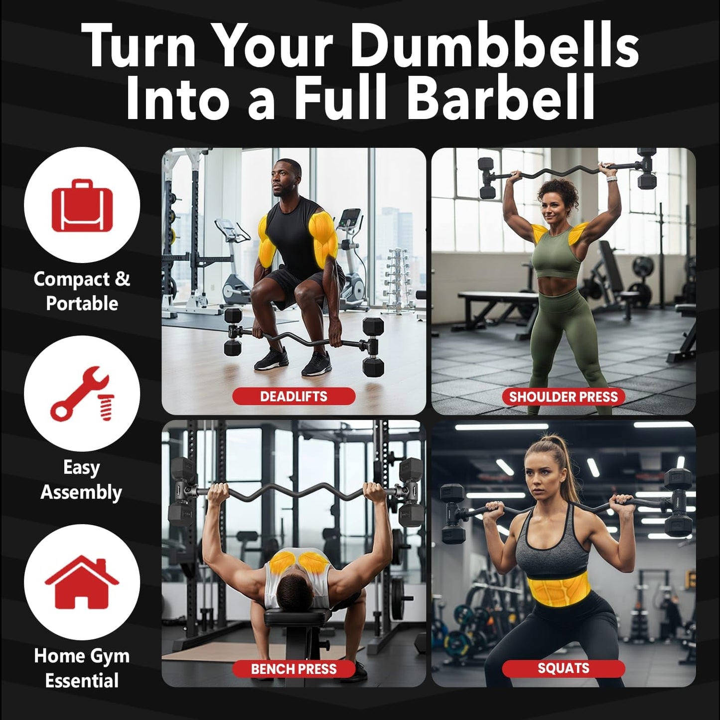 Dumbbell Barbell Converter Bar - Adjustable Dumbbell to Barbell Connector - Heavy Duty Steel Dumbbell Extension Bar with Secure Locking System - Non Slip Grip Handles - Home Gym Strength Training, 200 lb Capacity
