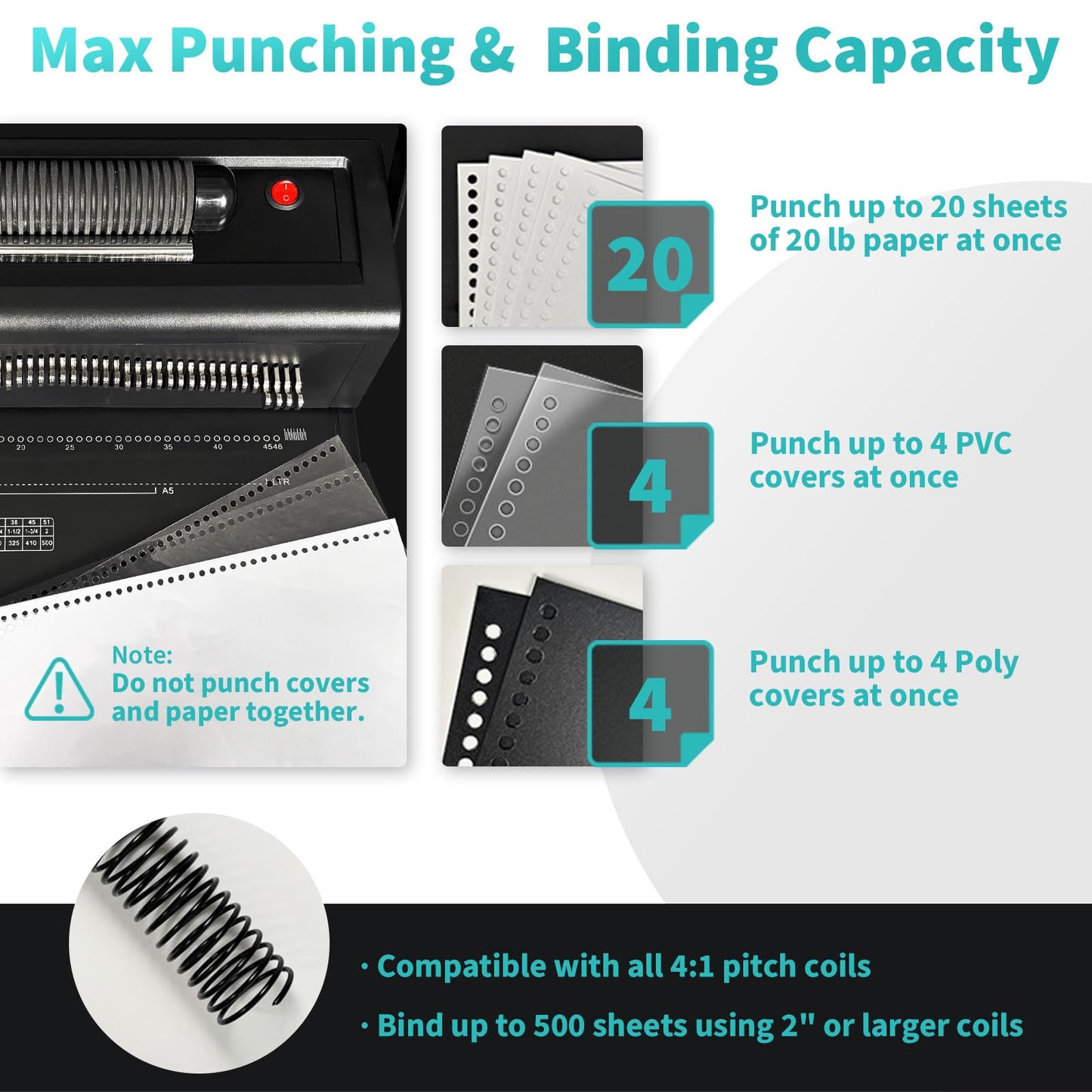 Binditek Spiral Binding Machine, Manual Punch & Electric Coil Inserter, 46 Disengageable Dies, Adjustable Side Margin, with 100 Pack 8Mil PVC Covers, 100 Pack 5/16'' Coils and Plier