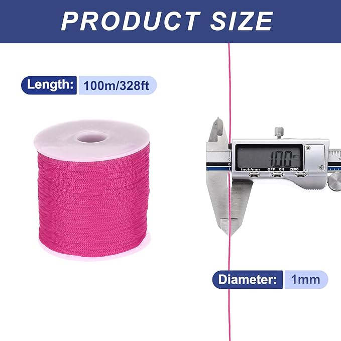 MECCANIXITY 1/16 Inch Polypropylene Rope Braided Ropes, 328ft Nylon Rope Hollow Utility Cord for Clothesline, Camping, Hiking, Outdoor, Rose Red