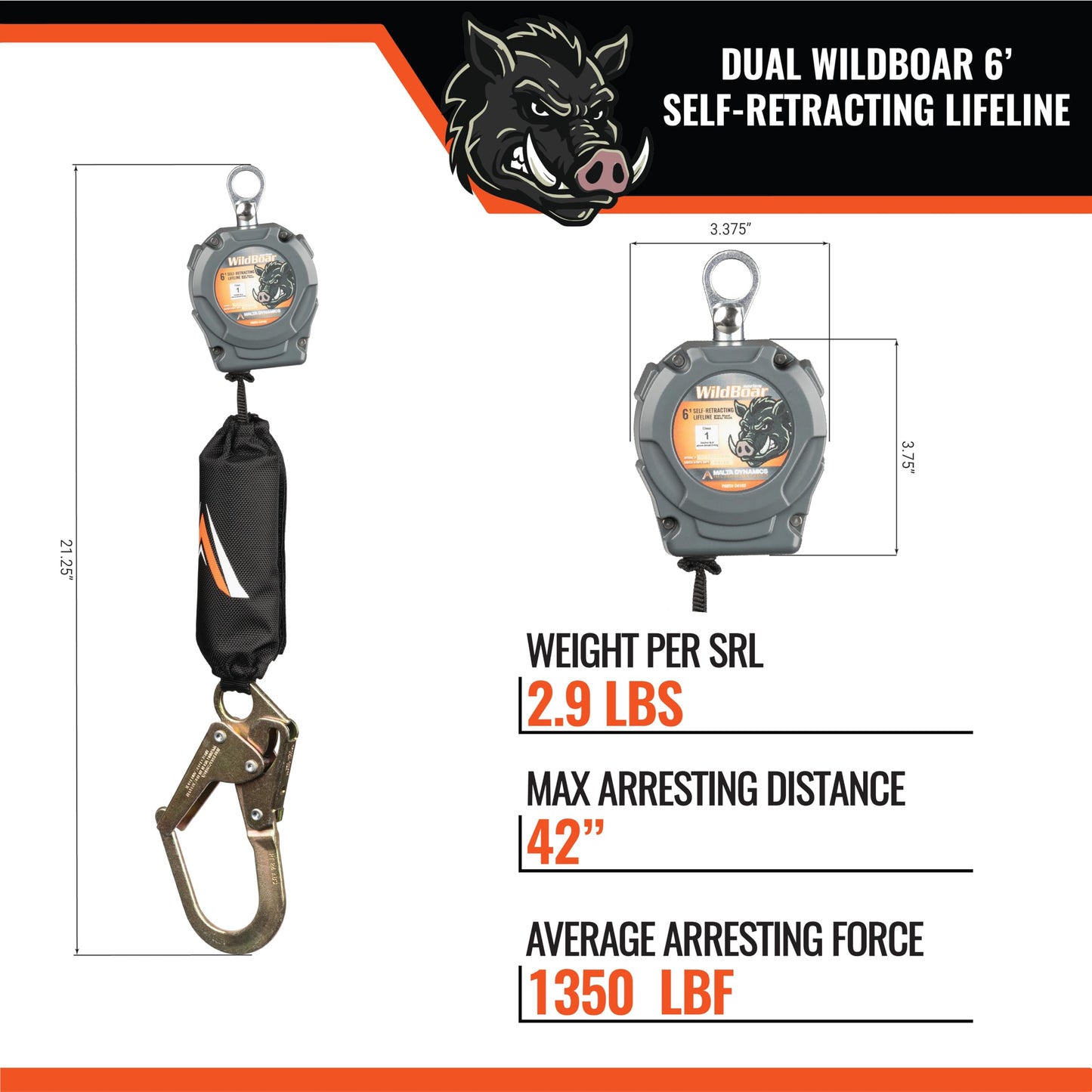 Malta Dynamics Wild Boar 6’ Single Self Retracting Lifeline – SRL Fall Protection Lanyard with Steel Snap Hook for Construction Site Safety, OSHA and ANSI Compliant