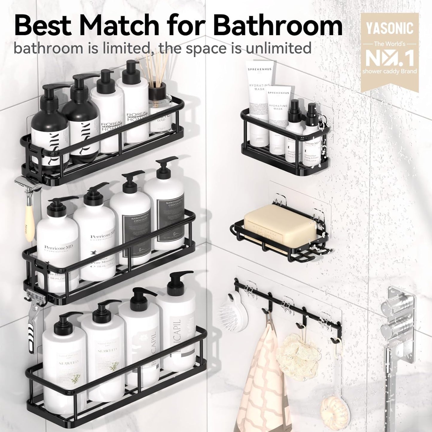 YASONIC Shower Caddy - 6 Pack Adhesive Pads for Easy Installation and Organization