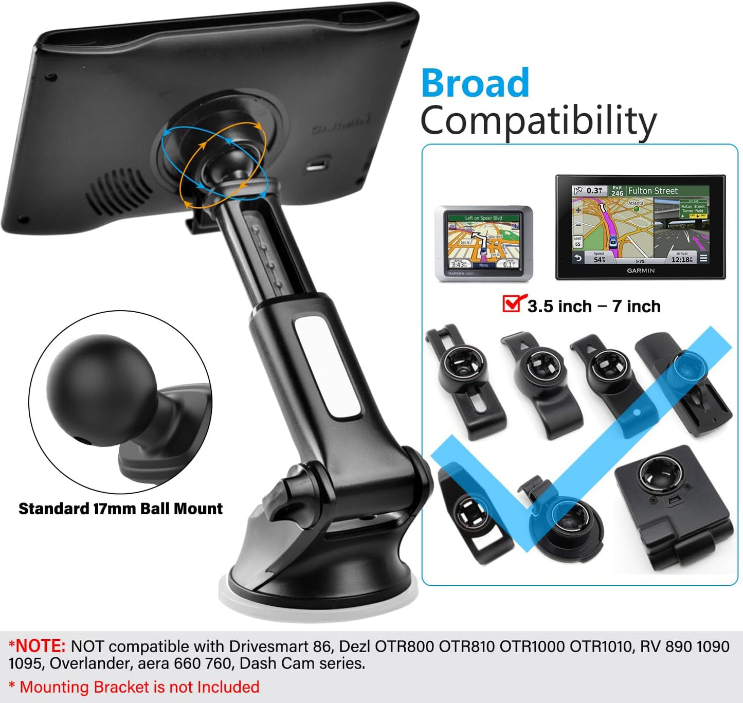 1Zero (2-Pack) GPS Suction Cup Mount for Garmin [Quick Extension Arm], Replacement GPS Dash Ball Mount Dashboard