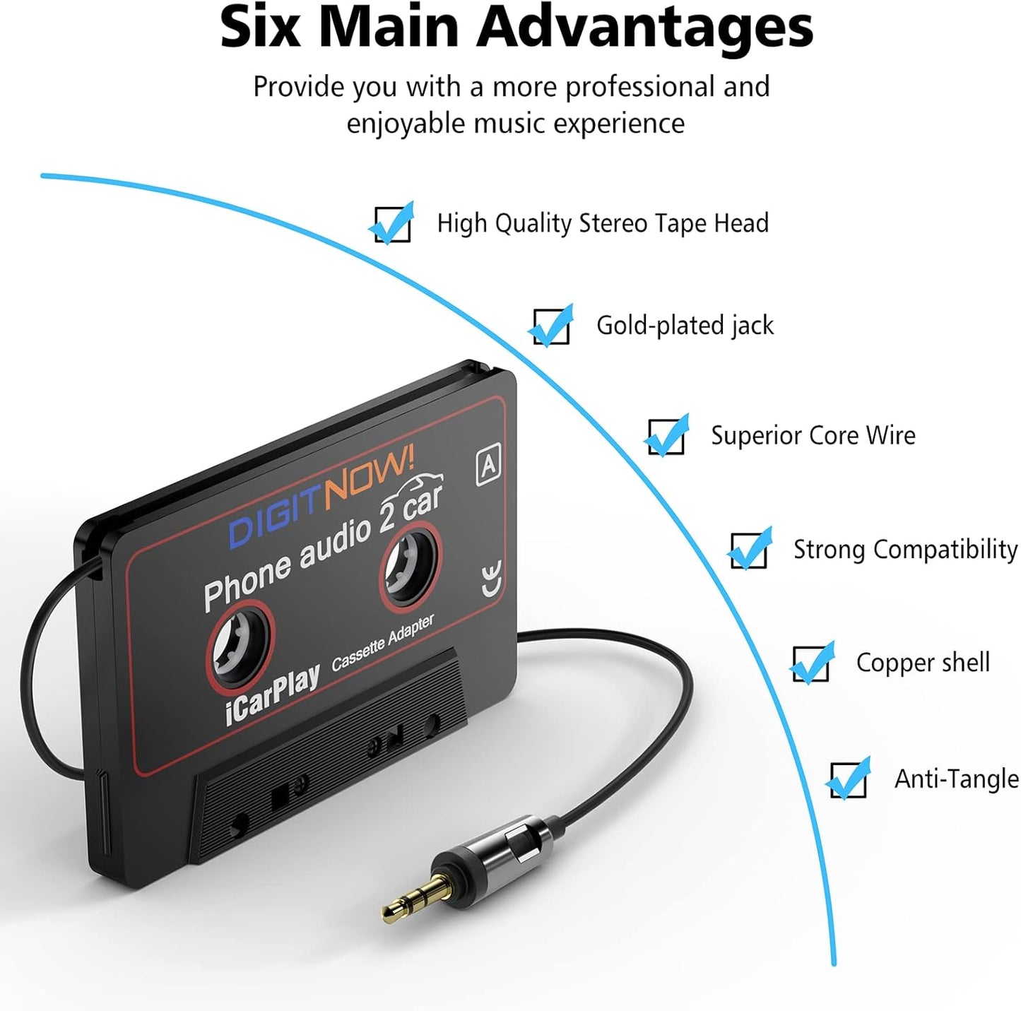 DIGITNOW Cassette 3.5MM Smartphone/MP3 3.7Ft Car Audio to Aux Adapter, Aux Audio Cable Tape Player for Player/CD