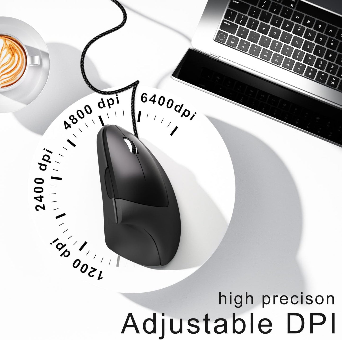 ROCK&ROWN Cable,6 Buttons,6400 Wired Ergonomic Mouse,Vertical Mouse with Nylon-Braided Adjustable DPI,Silent Mouse