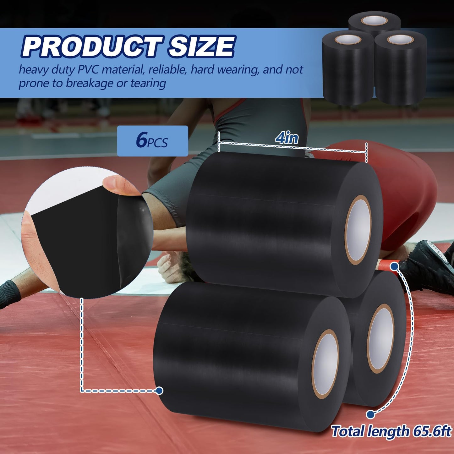 Pangda 6 Pcs Wrestling Mat Tape 3 or 4 Inch Heavy Duty 7 Mil PVC Carpet Tape for Wrestling Grappling Exercise Mats Seaming Cover Gym Floor Carpet Seam(4'',Black)