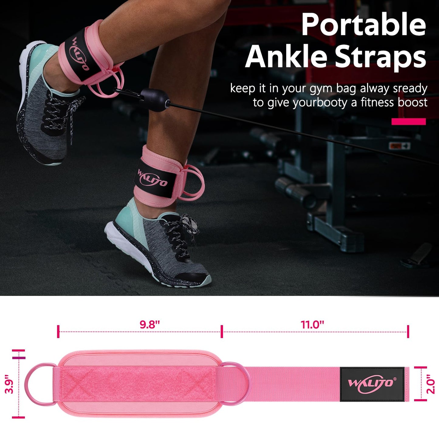 WALITO Gym Ankle Straps for Cable Machines Women & Men - Glute Kickback Ankle Cuff, Adjustable Cable Machine Accessories for Leg Extensions, Hip Abductors & Lower Body Workouts (Pair-Macaron Pink)