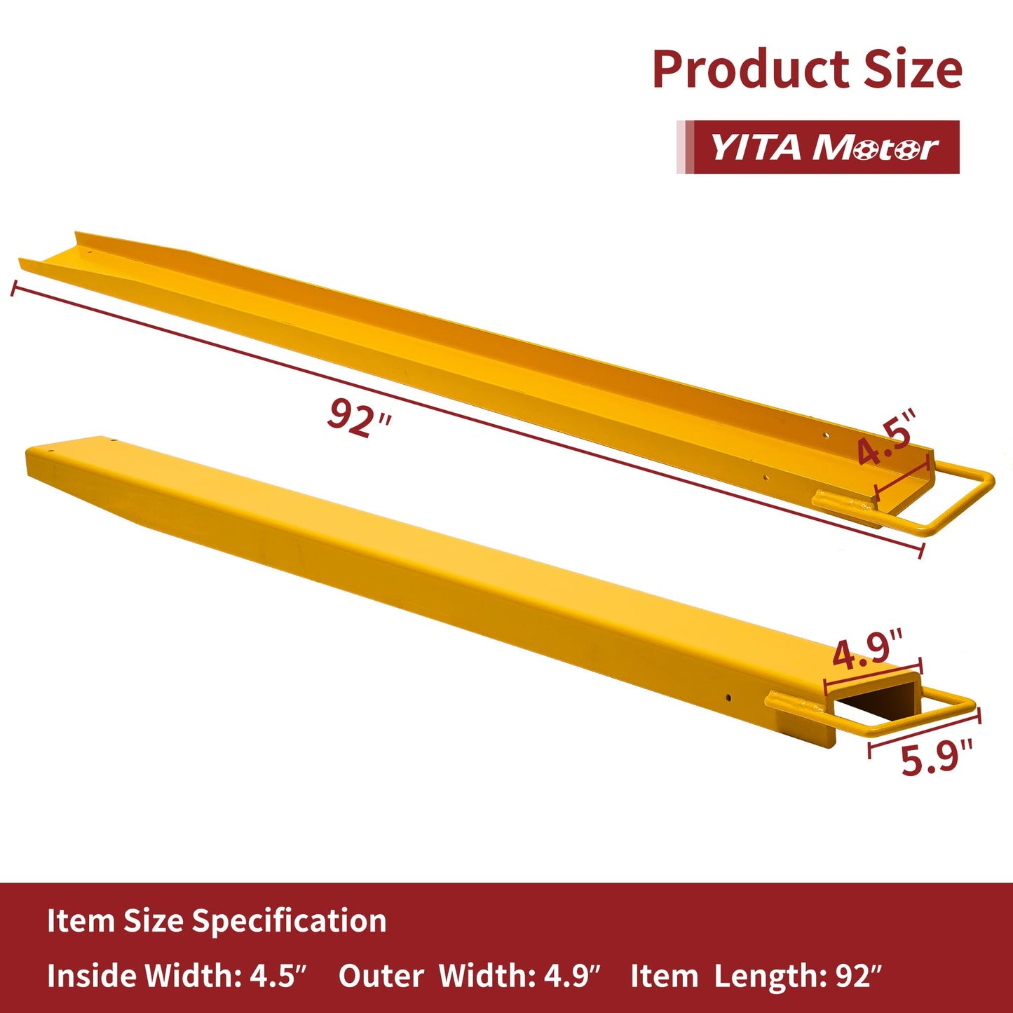 YITAMOTOR Forklift Extensions 92 Inch Length & 4.5 Inch Width, Heavy Duty Steel Fork Extender Reach, 1 Pair Pallet Fork Extension for Forklift Truck, Yellow (92"x4.5")