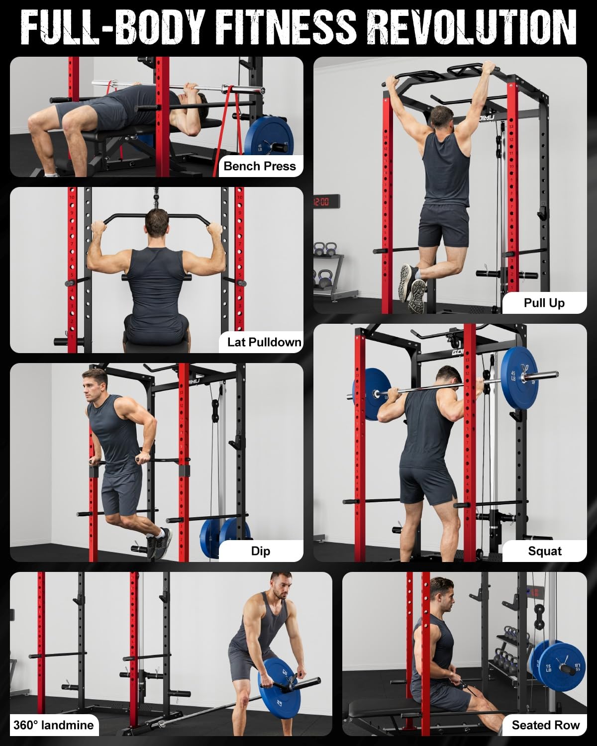 Goimu C1-V4 Power Cage, 2000LBS Squat Rack with LAT Pulldown, Multi-Function Weight Cage Strength Training Machine, Workout Cage with More Attachments for Home Gym Garage (C1-SE RD)