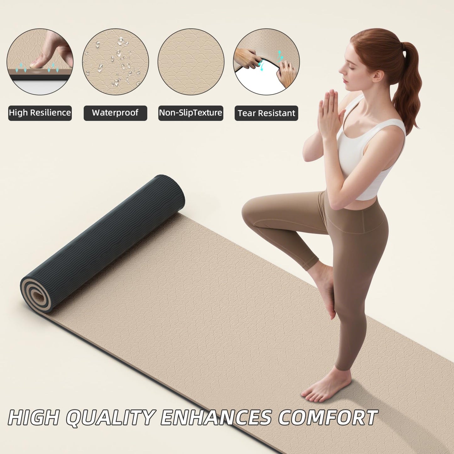 ILILI Yoga Mat 10mm Extra Thick and Extra Long, 76x28×0.4 Inch, Double Color Non-Slip TPE Material, Easy Carrying with Strap, Ideal for Yoga, Pilates, Floor Exercise, Home and Outdoor Use, Eco Friendly (Beige+Black)