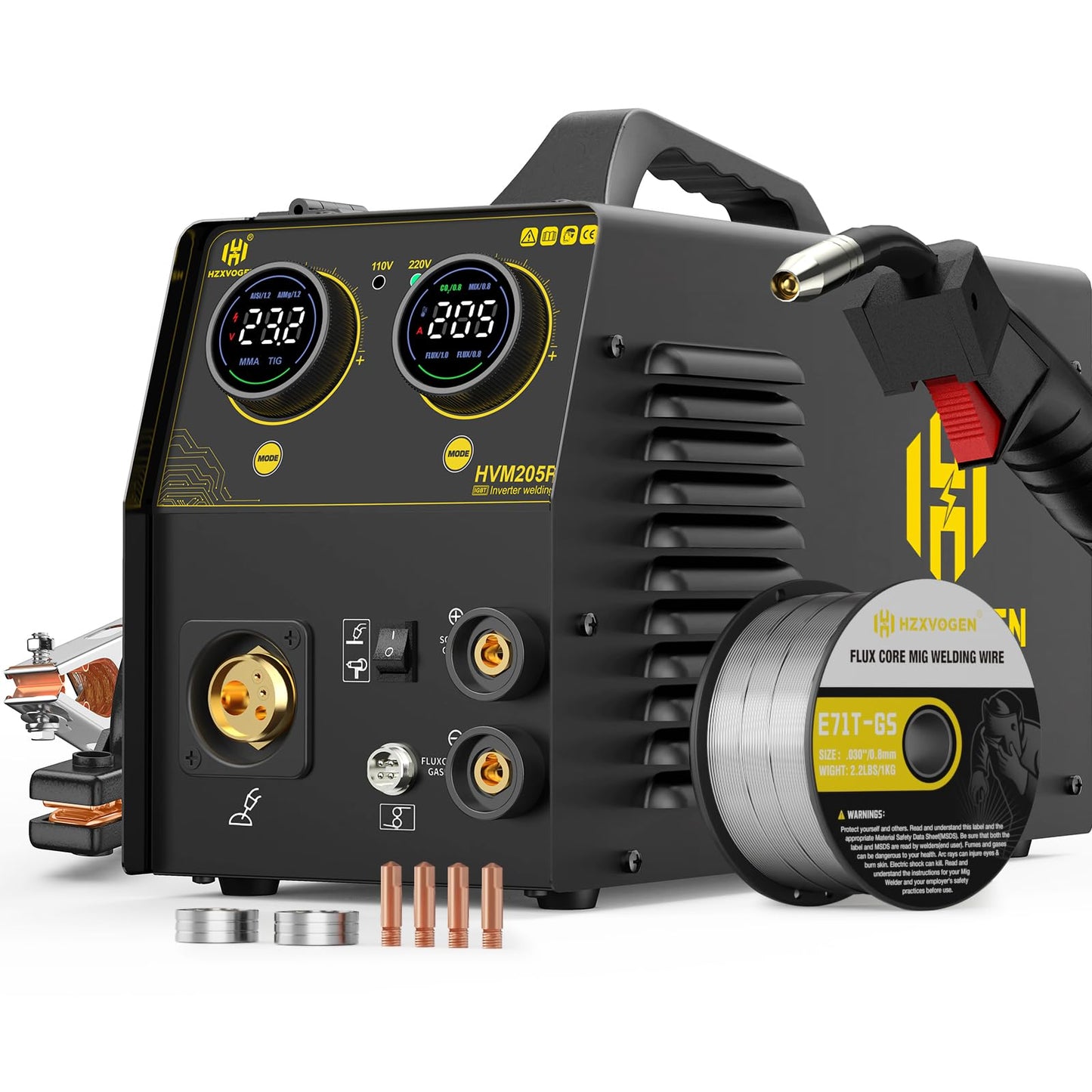 H HZXVOGEN 205A MIG Welder, 5 in 1 Gas MIG/Gasless MIG/Stick/Lift TIG/Spool Gun 110/220V Aluminum Welder Machine, Synergic Control Multiprocess Flux Core Welder MMA/Arc Welding Machine(HVM205P)