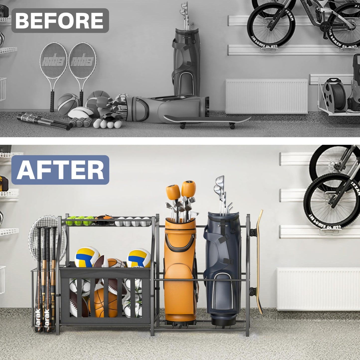 WALMANN Garage Sports Equipment Organizer, Ball Storage Stand, Indoor Golf Bags Stand for Garage