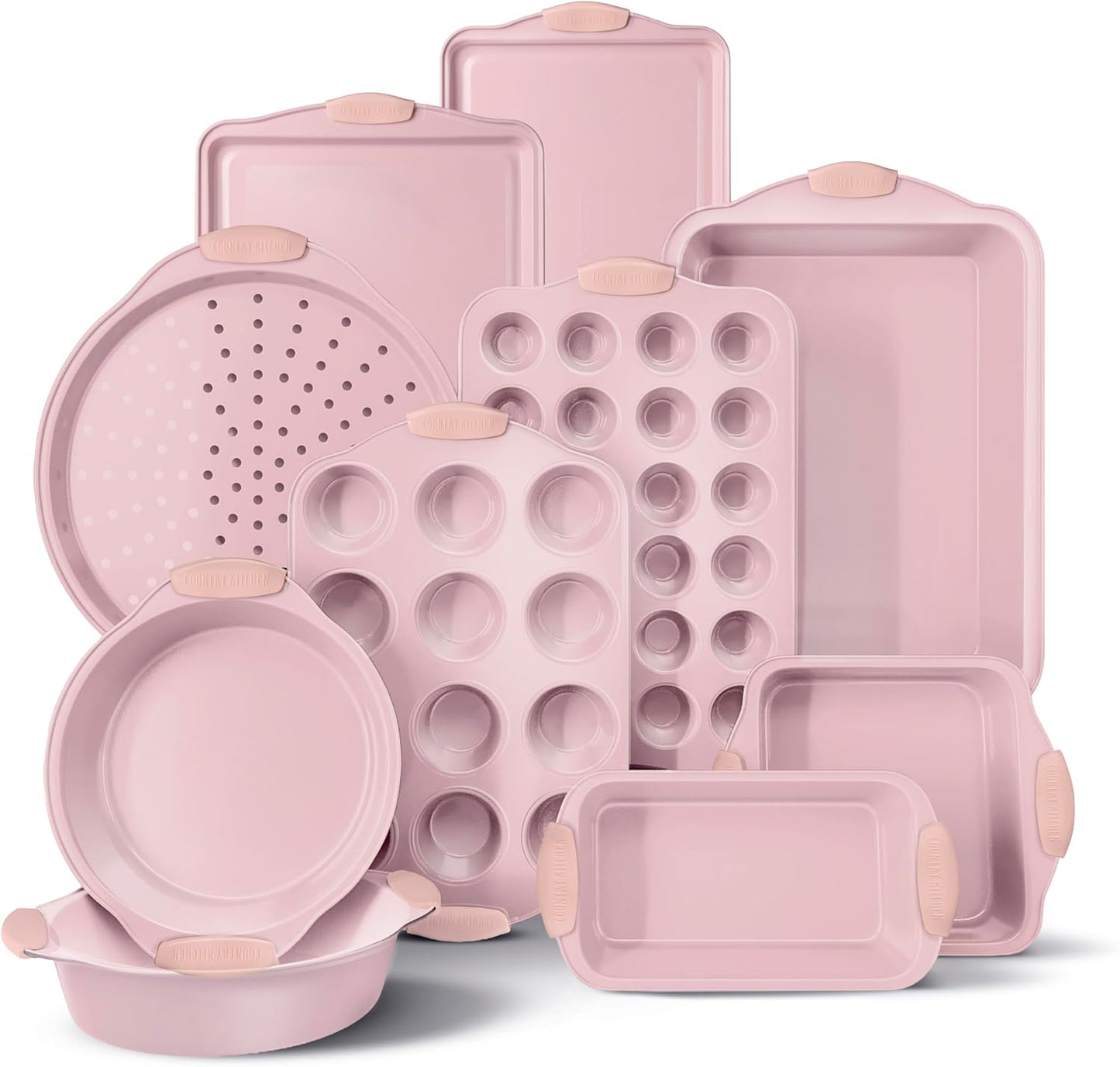 Country Kitchen Nonstick Bakeware Set - Heavy Duty & Easy Release, 10-Piece Pink Collection