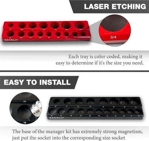 EACELIY Magnetic Socket Organizer Set - 6-Piece Holder for 1/2", 1/4", 3/8" SAE & Metric Sockets | Attaches to Tool Cart