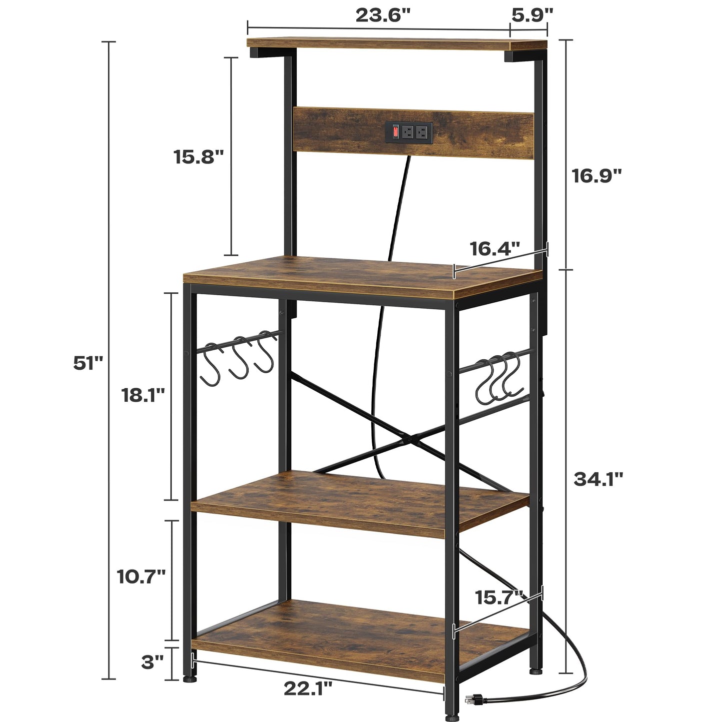 SUPERJARE Kitchen Bakers Rack with Power Outlet, Coffee Bar Table 4 Tiers, Kitchen Microwave Stand with 6 S-shaped Hooks, Storage Shelf Rack for Spices, Pots and Pans - Rustic Brown
