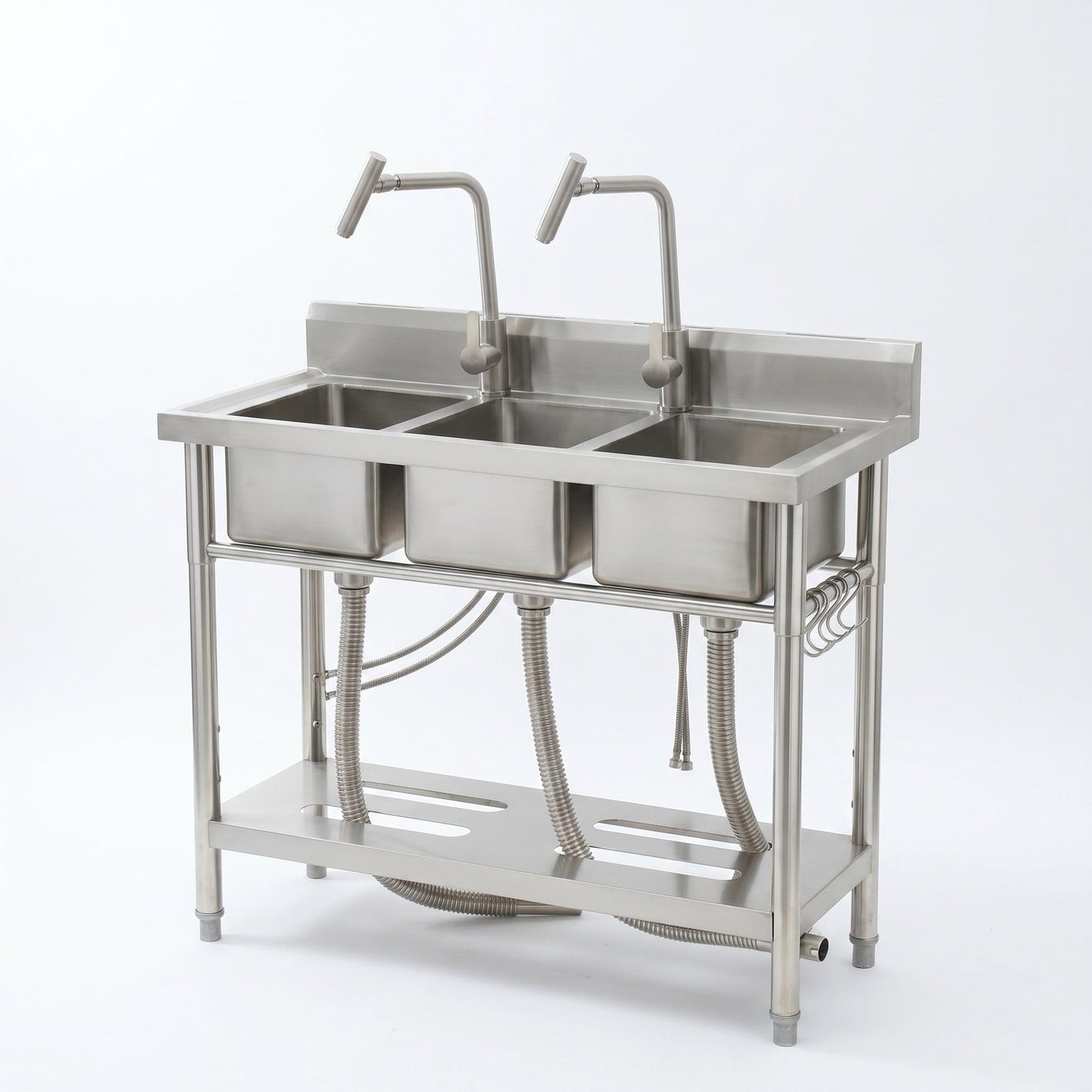 Utility Sink Freestanding Three Bowl Stainless Steel Sink, 39 x 18 x 36 Inch, No Drawer Stand and Two T-Shaped Faucets, Laundry Sink for Kitchen, Bathroom, Garage and Patio