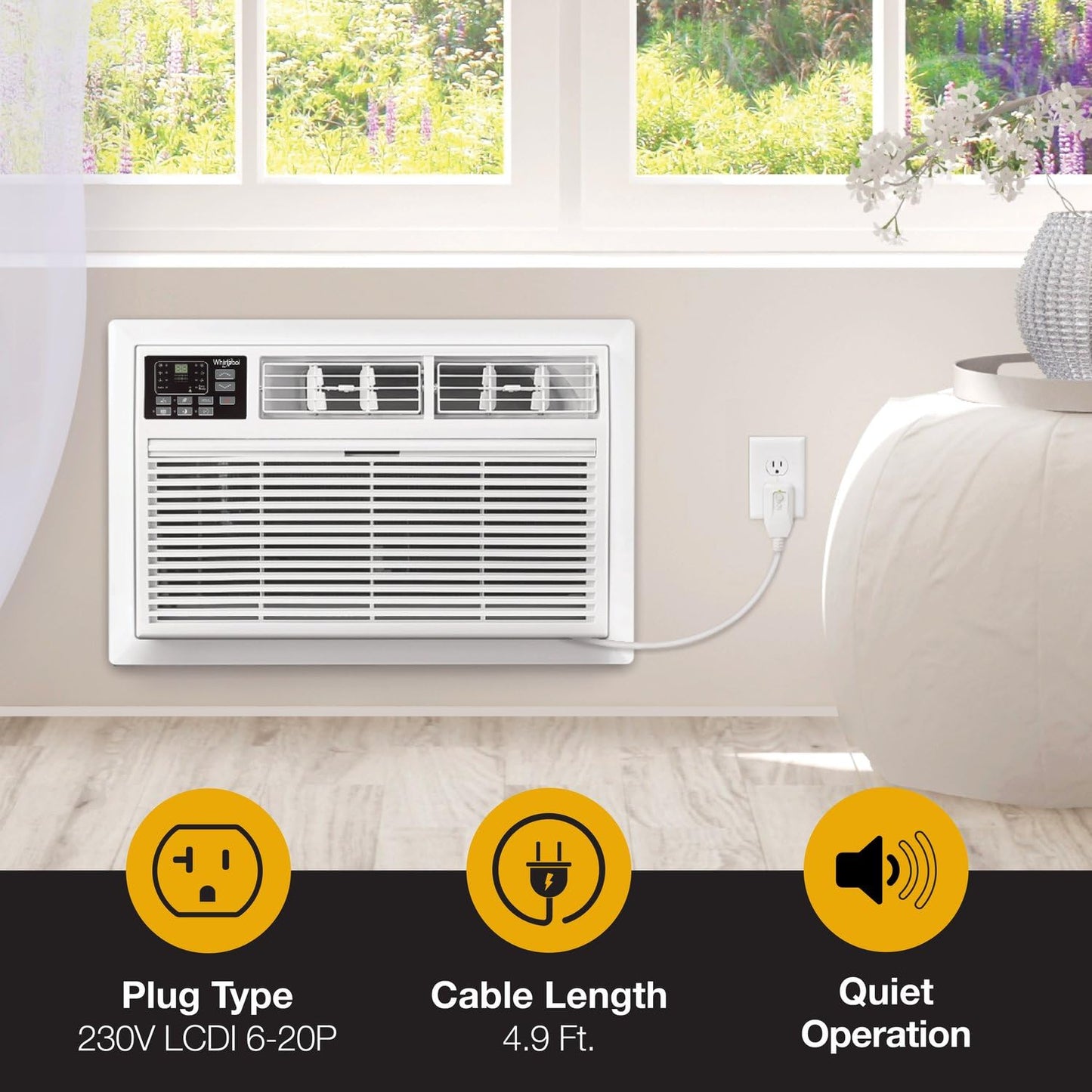 Whirlpool 12,000 BTU 230V Through-the-Wall Air Conditioner with Supplemental Heat, Dehumidifier and Remote, Wall AC Unit for Apartment, Living Room and Medium Rooms up to 550 Square Feet in White