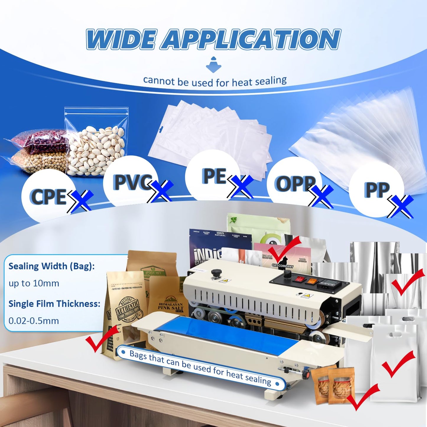 Frifreego Commercial Heat Sealer Machine, Continuous Bag Band Sealing Machine with Digital Temperature Control Automatic Bag Sealer Machine for Cookie, Food Storage, Kitchen, Bakery, Snacks Packaging