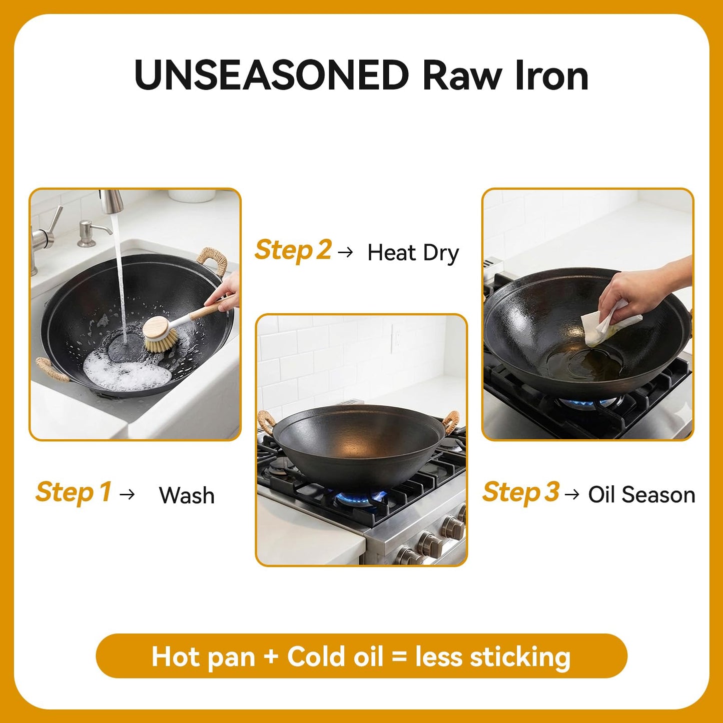 WANGYUANJI Cast Iron Wok Pan 14.9 inch Large SUGUO Wok Stir Fry Pan Flat Bottom with Dual Handle and Wooden Lid, Suitable for All Cooktops, Uncoated Chinese Traditional Wok