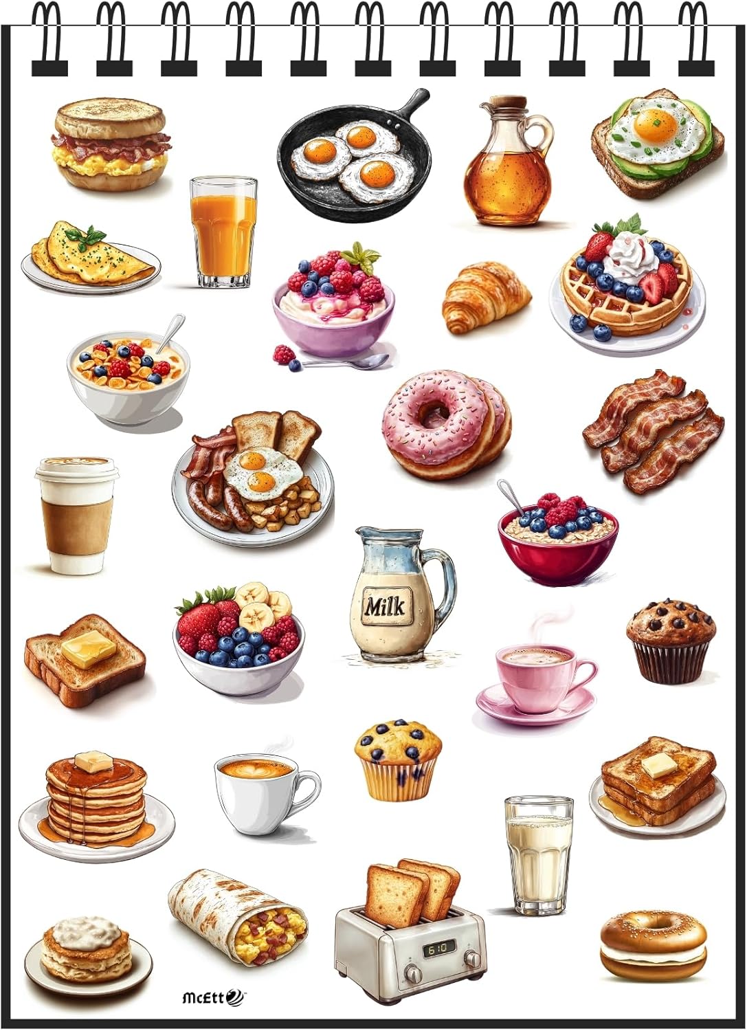 McEtt 5 Pack (145 Breakfast Food Sticker Sheets Aesthetic Illustrated Breakfast & Brunch Food Stickers Sheet Pieces)