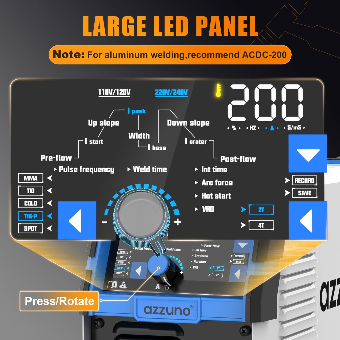 AZZUNO 200A TIG Welder With Pulse Cold, 5-in-1 DC HF TIG/PULSE TIG/COLD/SPOT TIG/STICK, 110V&220V Dual Voltage TIG Welding Machine with Large LED Display