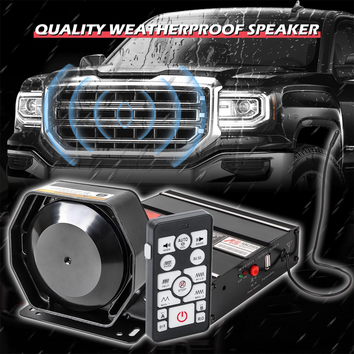SMALLFATW Police Siren 20 Tones 130 DB 200 Watt, Dual 20A Auxiliary Switch, Wireless Remote USB Rechargeable 15M Control Range, Car PA System Speaker Horn, Emergency Siren for Car Truck Vehicles