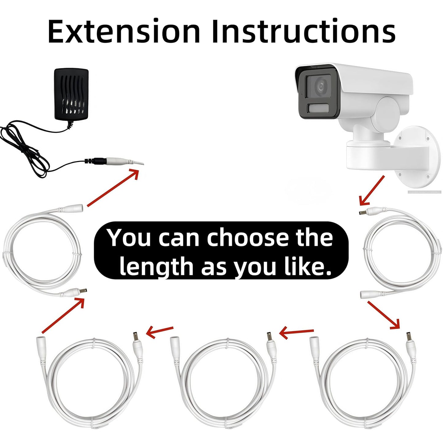LETONDA 5.5mm 2.1mm, (1, 3.3 DC Power Extension Cable, x Security Camera Power Cord, White ft)