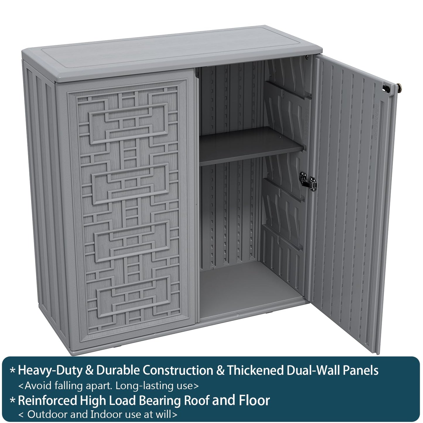 HOMSPARK Indoor/Outdoor Storage Cabinet with Doors and Shelf, 34”x15”x36” HDPE Plastic Storage Box Waterproof for Patio, Garden, Balcony, Multi-Purpose for Daily Tools, Grey