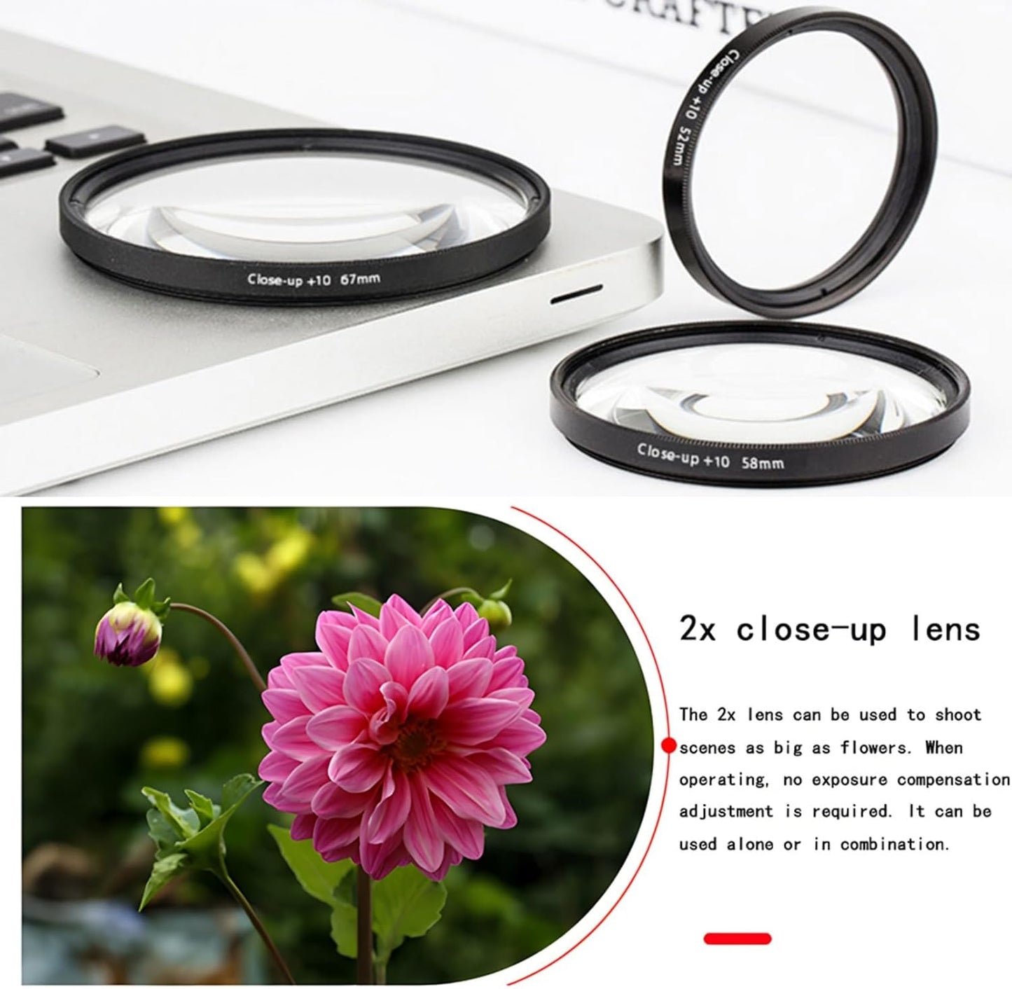 YOFOTIXAUU 58mm 4 (+1 +2 +4 +10) Set, (58mm) Close-Up Lens Filters Kit Pieces Macro Filter Lens Cap & Cleaning Cloth
