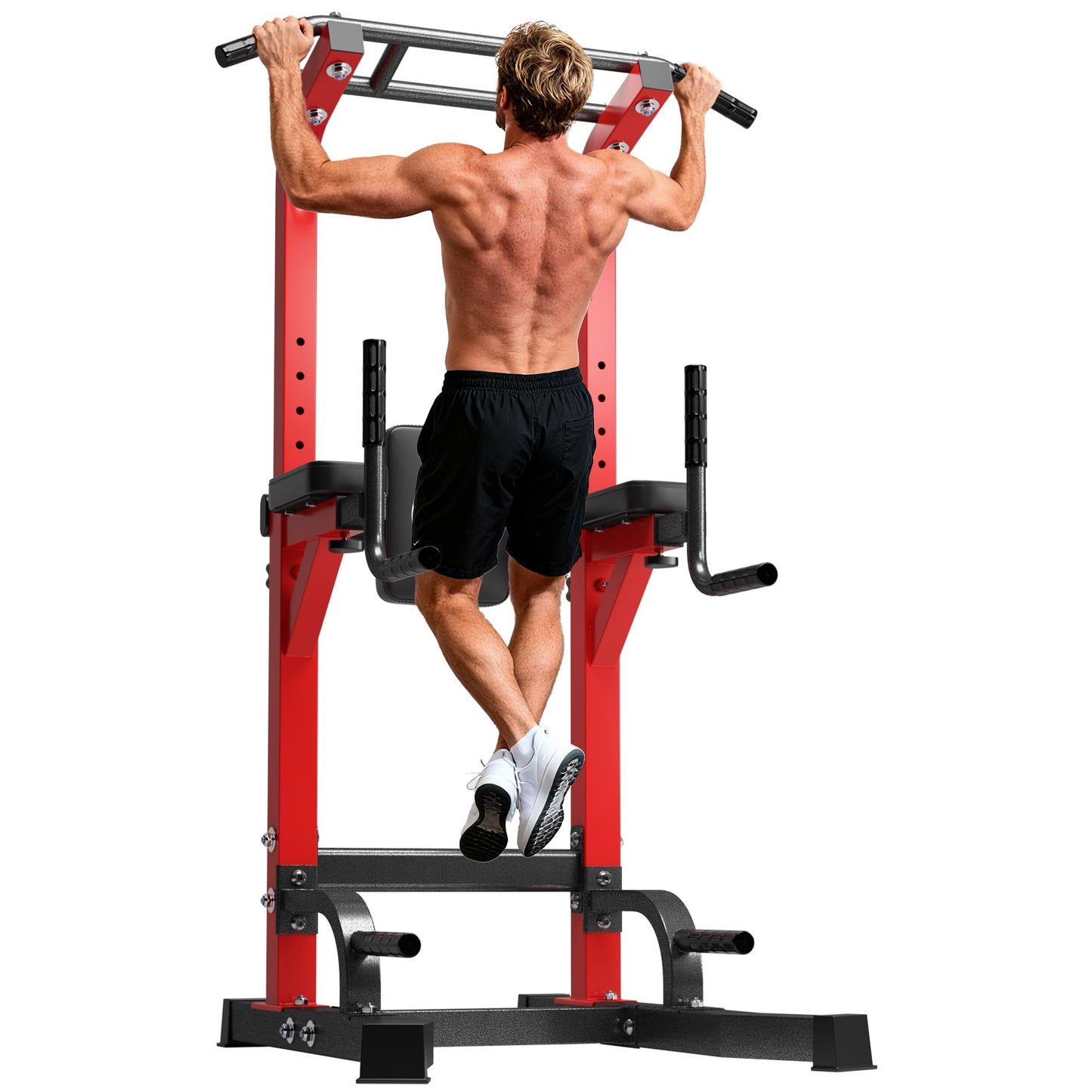 DlandHome Power Tower Pull Up Bar Station, Heavy Duty Adjustable Height for Home Gym Strength Training Equipment 330LBS Weight Capacity, Pull Up Dip Station, Red