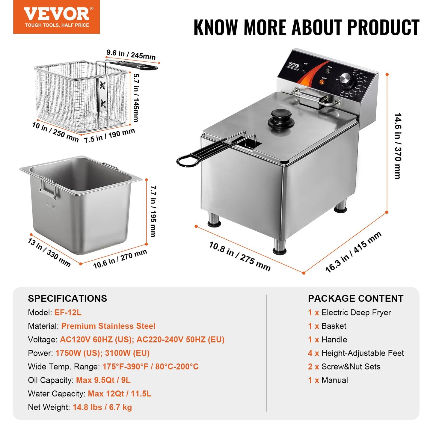 VEVOR Commercial Deep Fryer, 1750W Electric Countertop Fryer with Basket & Height-Adjustable Feet, 12Qt / 11.5L Stainless Steel Single Oil Fryer, Temp Control, Overheat Protection, for Restaurant Use