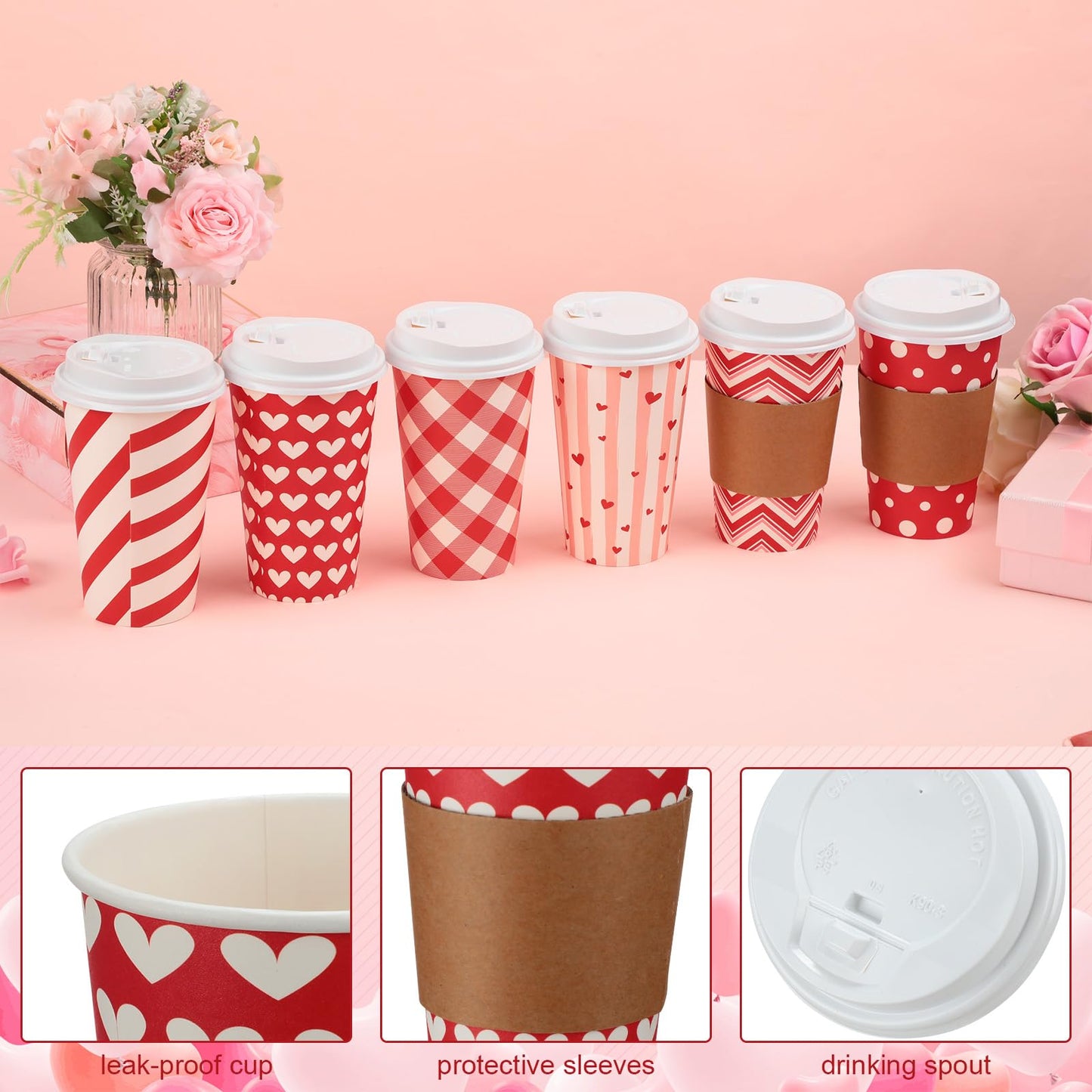 Sosation 180pcs/60 Set Valentine‘s Day Coffee Paper Cups with Lids and Sleeves 16 oz Disposable Hot Cocoa Cups Valentines Pink Paper Beverage Tumbler for Hot Chocolate Coffee Bar Accessories, 6 Styles