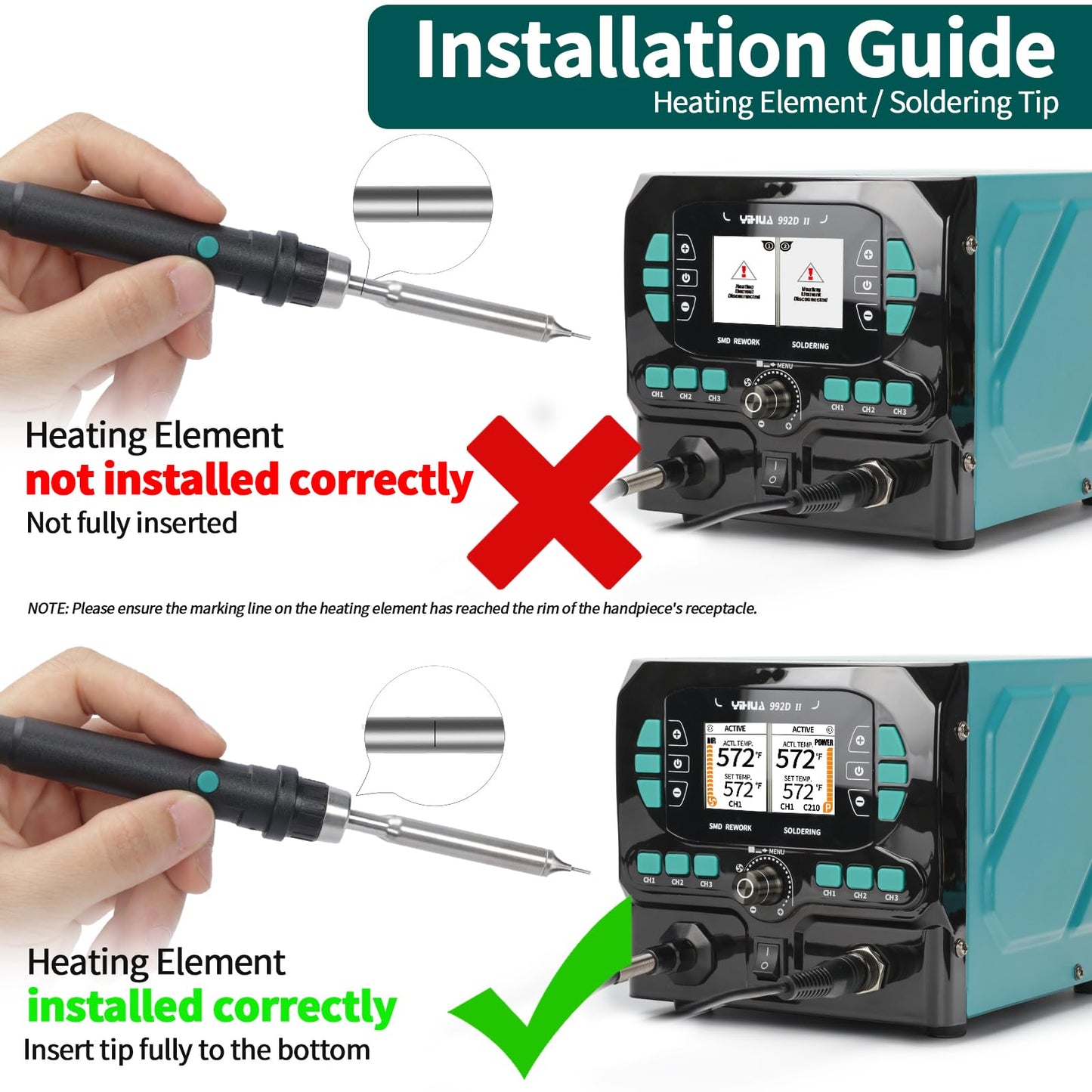 YIHUA 992D-II 2-IN-1 Precision Soldering Kit with Hot Air Pencil and C210 Soldering Iron, Precision Soldering Station with Dynamic LCD Display, Low-Wear Mode, 3 Preset Channels, 8 Hot Air Nozzles