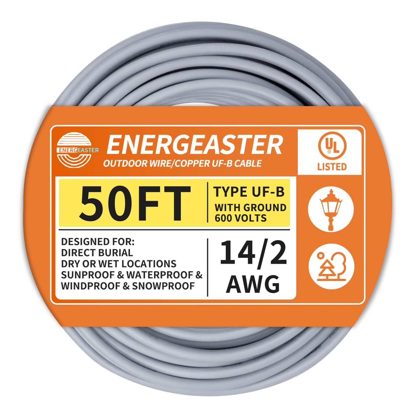 14/2 UF-B Wire 50FT Pure Copper Direct Burial Cable, Sunlight & Moisture Resistant, Ideal for Outdoor Lighting & Pump Installations & Residential Indoor Electrical Projects