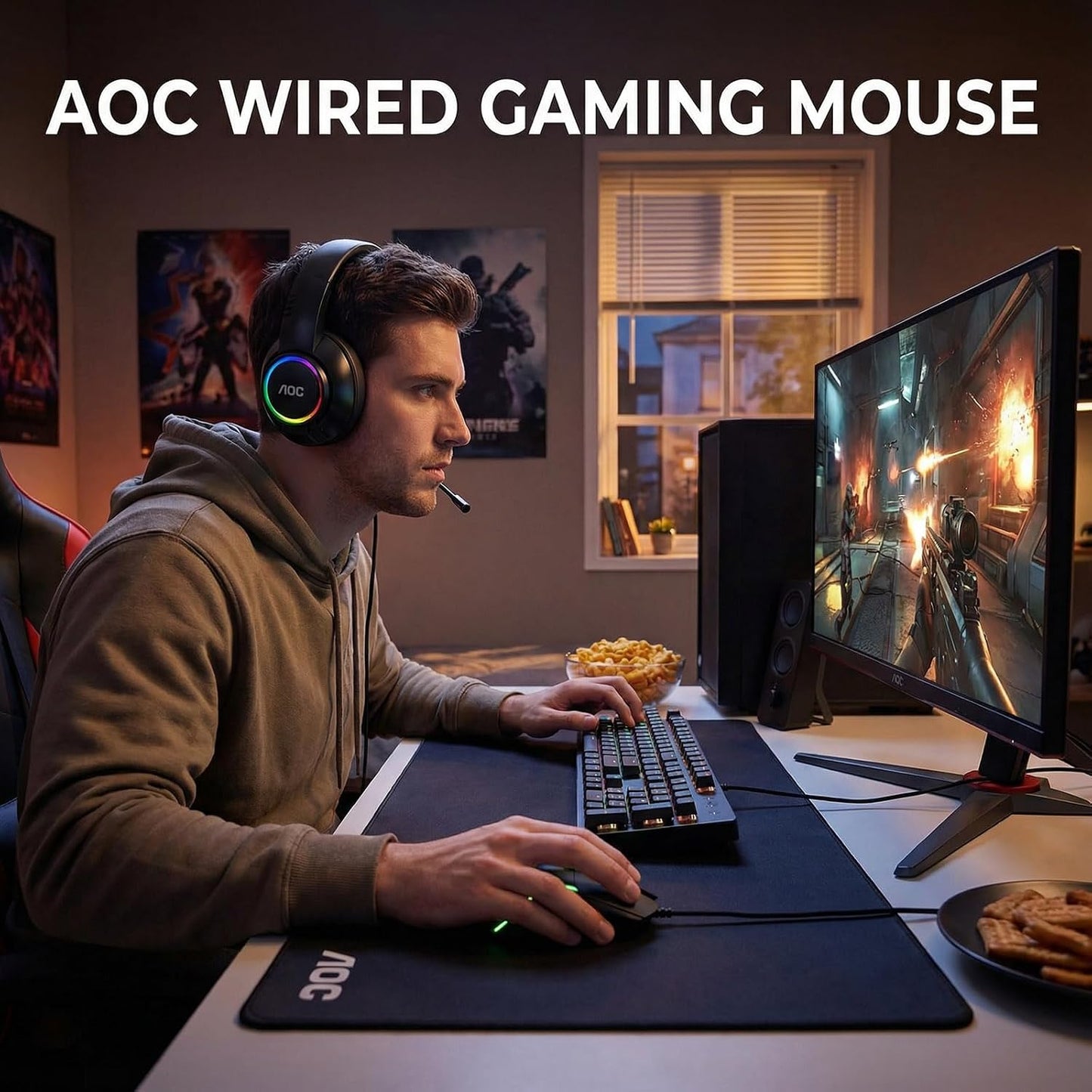 AOC 7200DPI 7 Programmable GM170 Wired Gaming Mouse, RGB Ergonomic Computer Mouse with Optical Sensor Game Corded