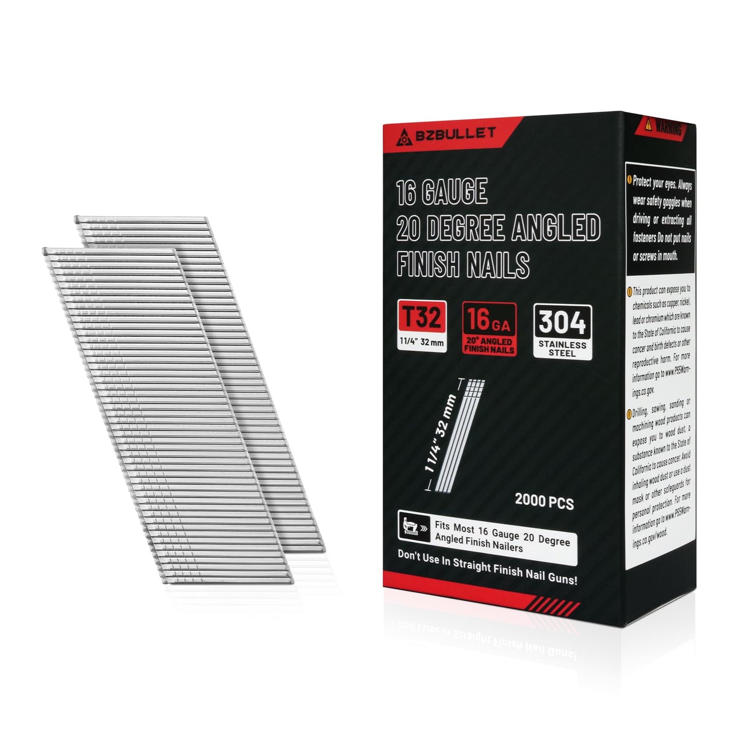 16 Gauge Angled Finish Nails 1-1/4 Inch (32mm) 20-Degree Stainless Steel Finishing Nails for Nail Guns - No Rust, Ideal for Trim Work and Furniture Assembly (4 Boxes, 8,000 PCS)