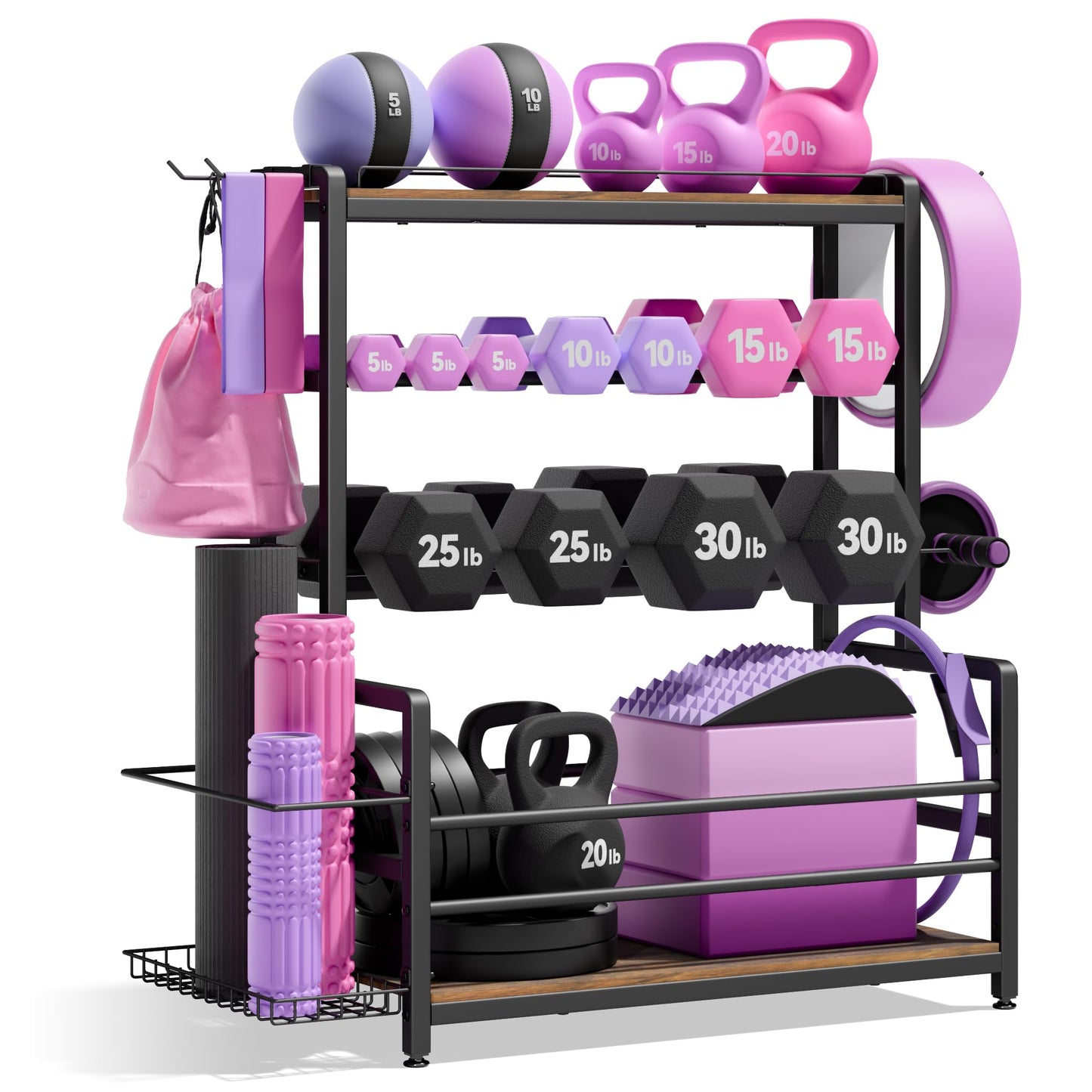 Gym Home Equipment Weight Rack – 3‑Tier Workout Storage Stand for Dumbbells & Kettlebells, Medicine Ball Holder, Steel Organizer with Side Basket, Hooks