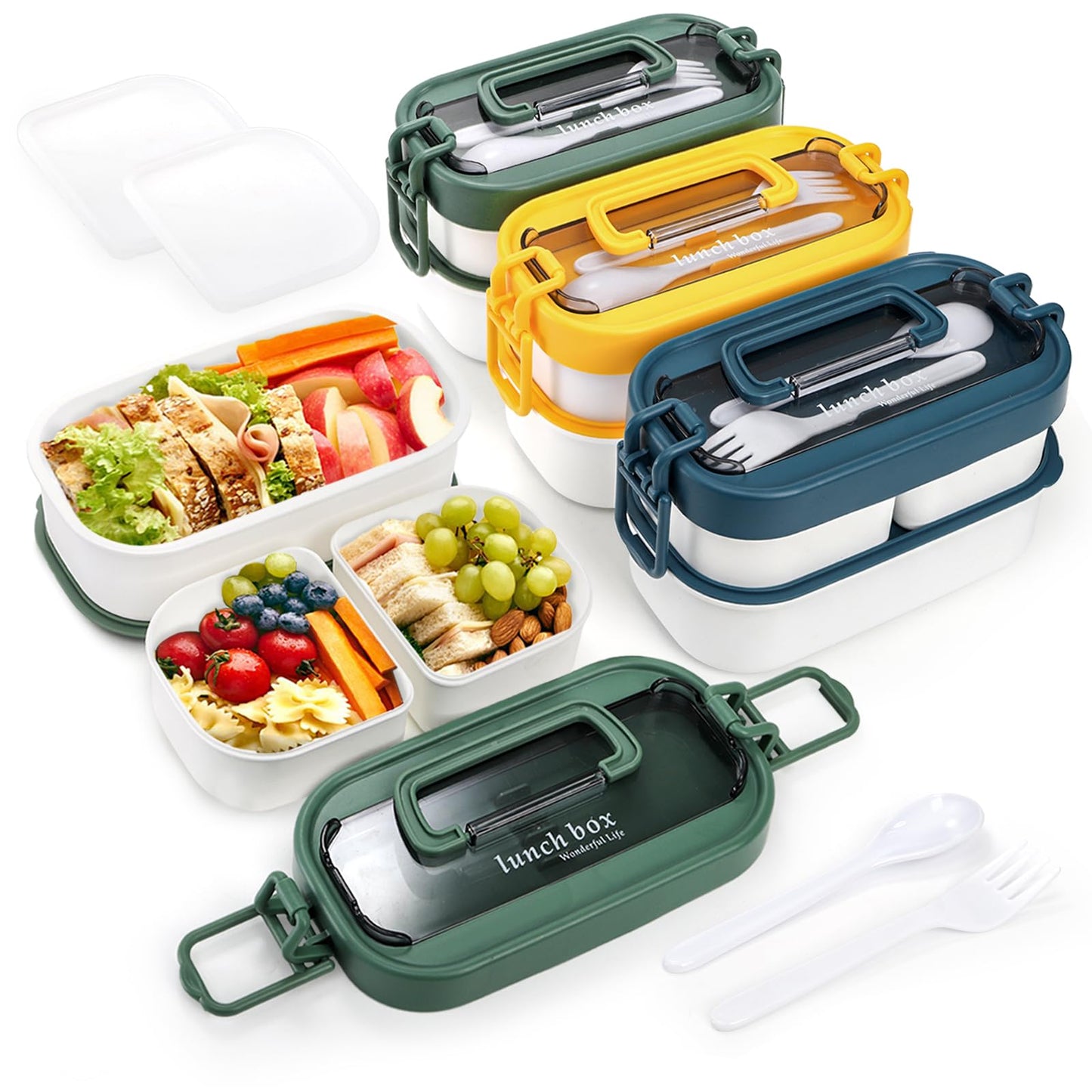 Covzoe 3 Pack Stackable Bento Box, Leakproof Adults Lunch Box with Spoon Fork, Portable 3 Compartments Food Storage Snack Containers with Handle for Dinner out Work Picnic, Microwave Safe