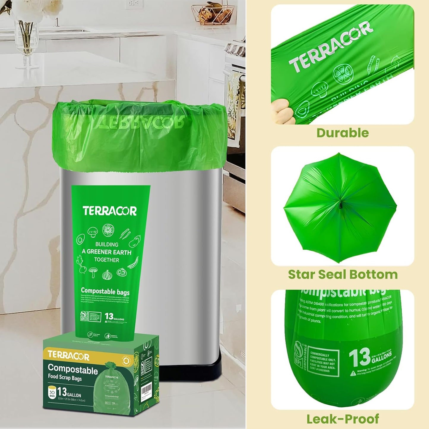 Skiennix 13 Gallon Compostable Trash Bags - Heavy Duty Kitchen Waste Bags | 50 Count, BPI Certified