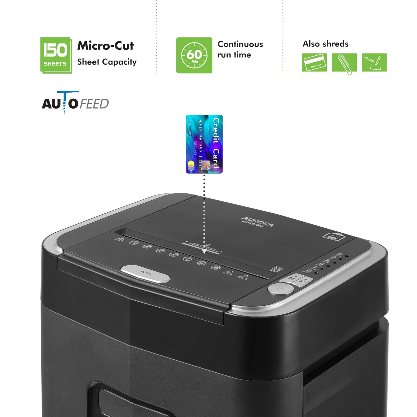 Aurora Professional Grade 150-Sheet Auto Feed Micro-Cut Paper and Credit Card Shredder/60 Minutes Continuous Run Time